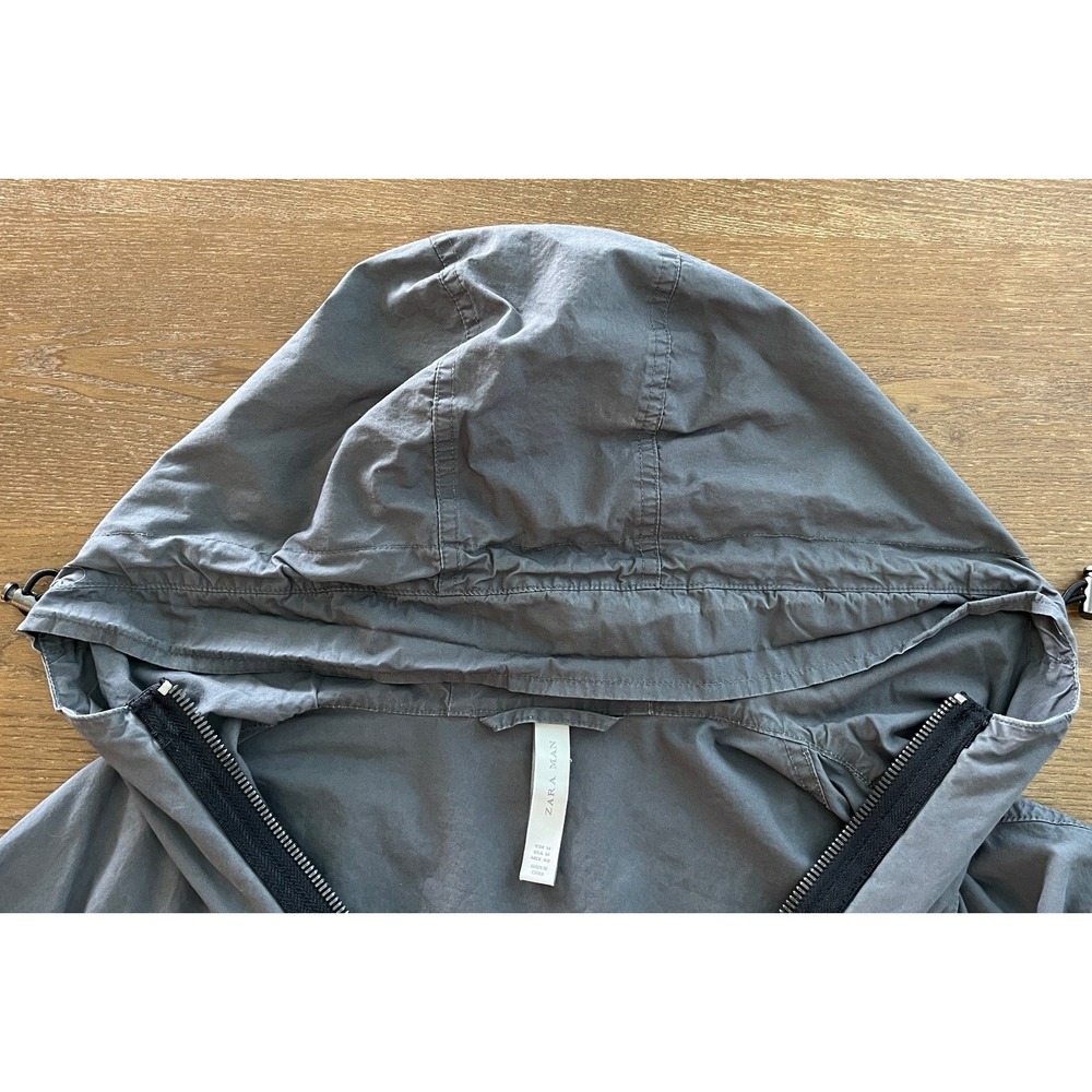 Zara‎ Man Jacket Lightweight Sz M Gray Conch Waist Zipper Snap Button Hood - Picture 8 of 14